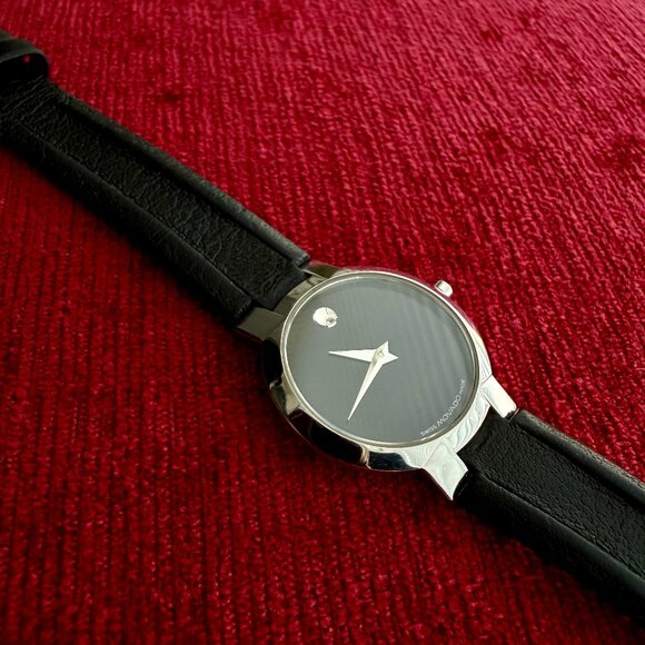 Movado Museum Swiss Made Quartz Black Leather Strap Silver Case Watch Women’s